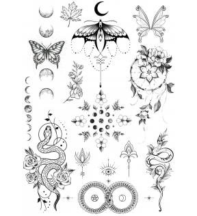 Tatuaż zmywalny - mix wzorów - wąż, ćma, fazy księżyca, łapacz snów