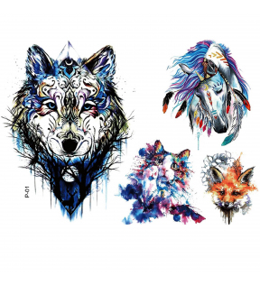 Tatuaż zmywalny - Mix wzorów - Wilk, koń, kot, lis