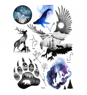 Tatuaż zmywalny - Mix wzorów - gwiazdy, orzeł, niedźwiedź, las, wilk